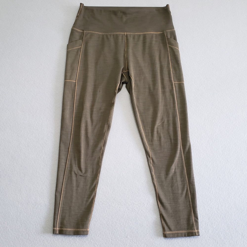 prAna Women's XL Electa Leggings Olive Green Ribbed High Rise Side Pockets